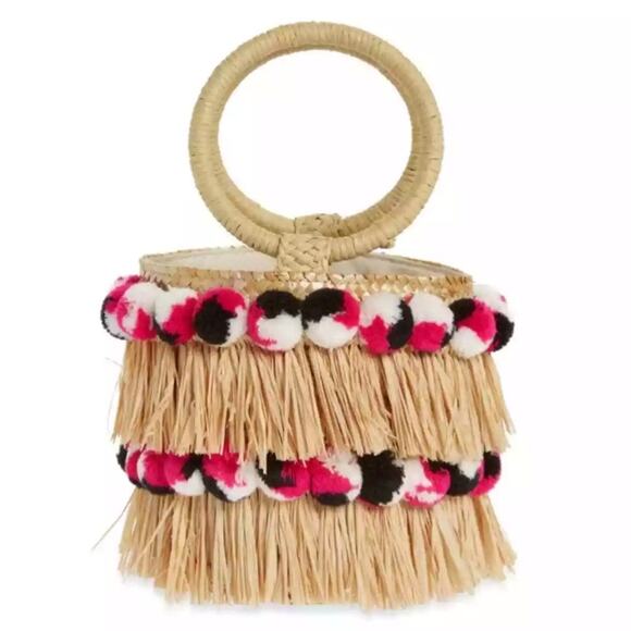 BTB Raffia Straw Round Pom Pom Bucket Bag New - Picture 2 of 8